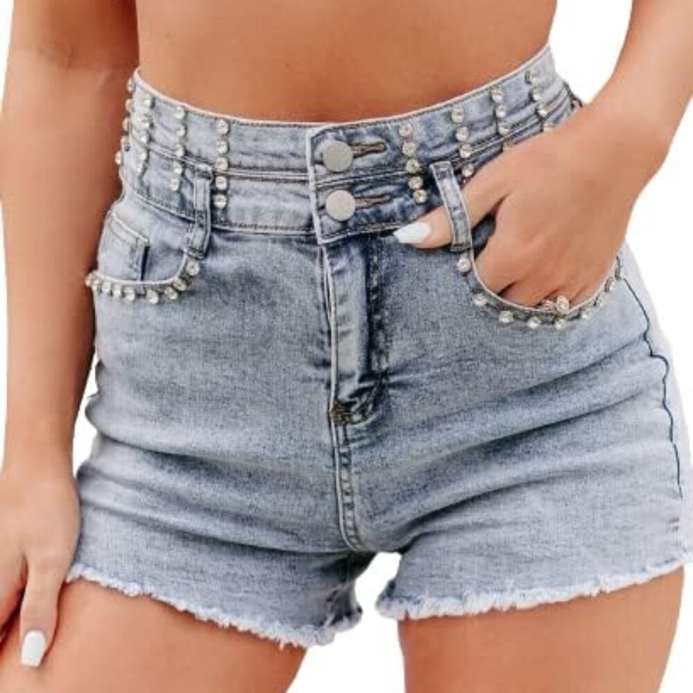 Diamond Studded Vintage Wash High Waist Denim Shorts - Color Sky Blue